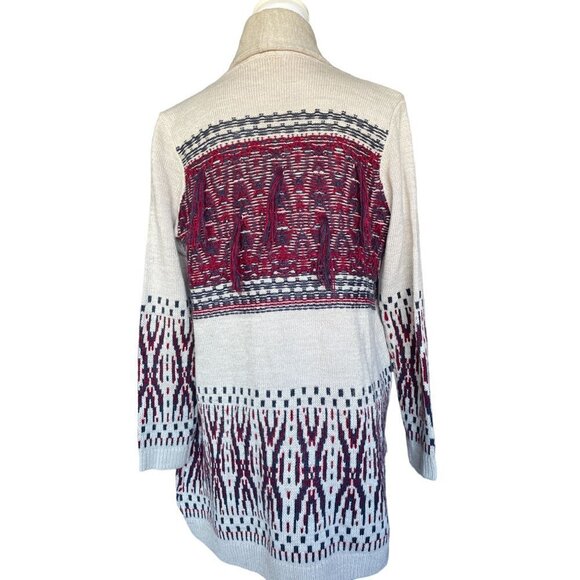 Style & Co Sweater Cardigan Women's Sz Small Open Front Tan Red Blue Fringe - Picture 2 of 11